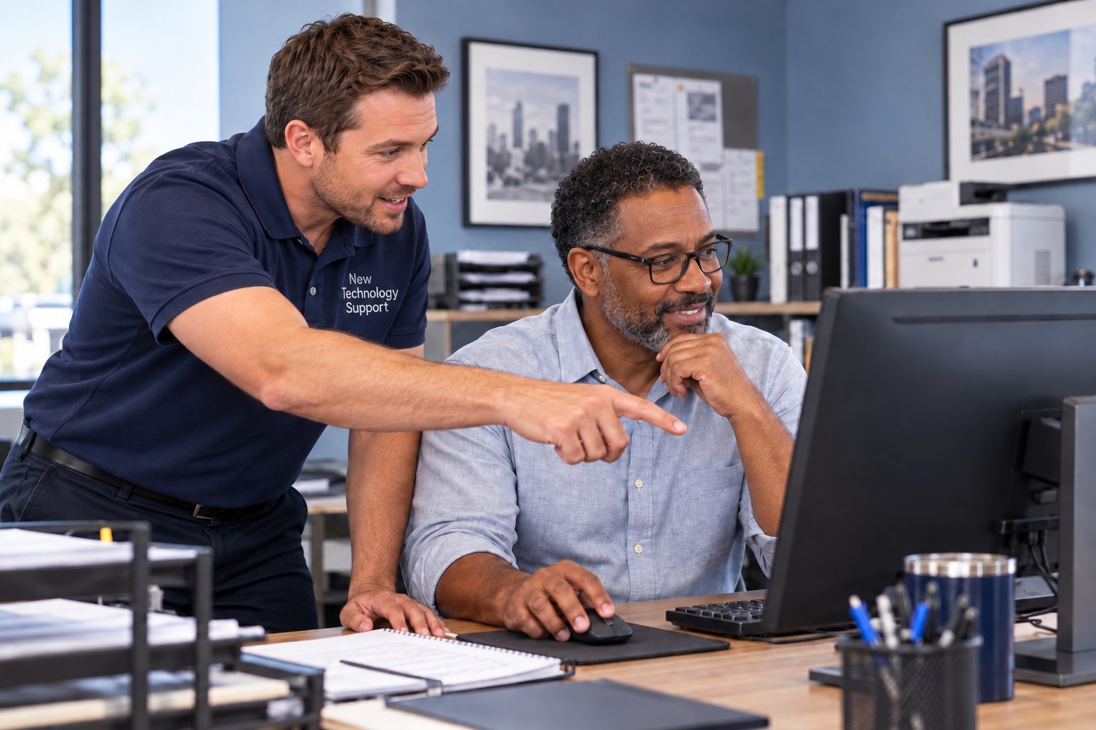 White male IT technician wearing a New Technology Support shirt helping a small-business owner who is looking at his desktop screen