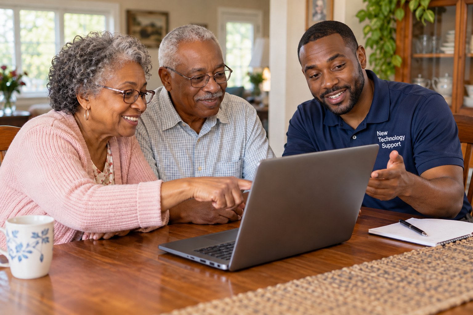 African American IT technician helping older adults use a laptop at home